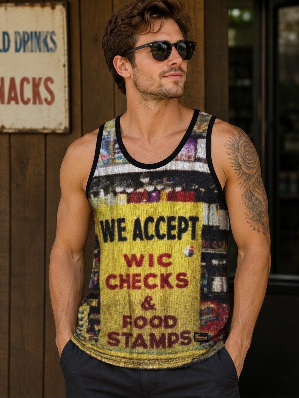 Ssur*Plus We Accept WIC Checks & Food Stamps Tank Top Black Yellow Size Medium